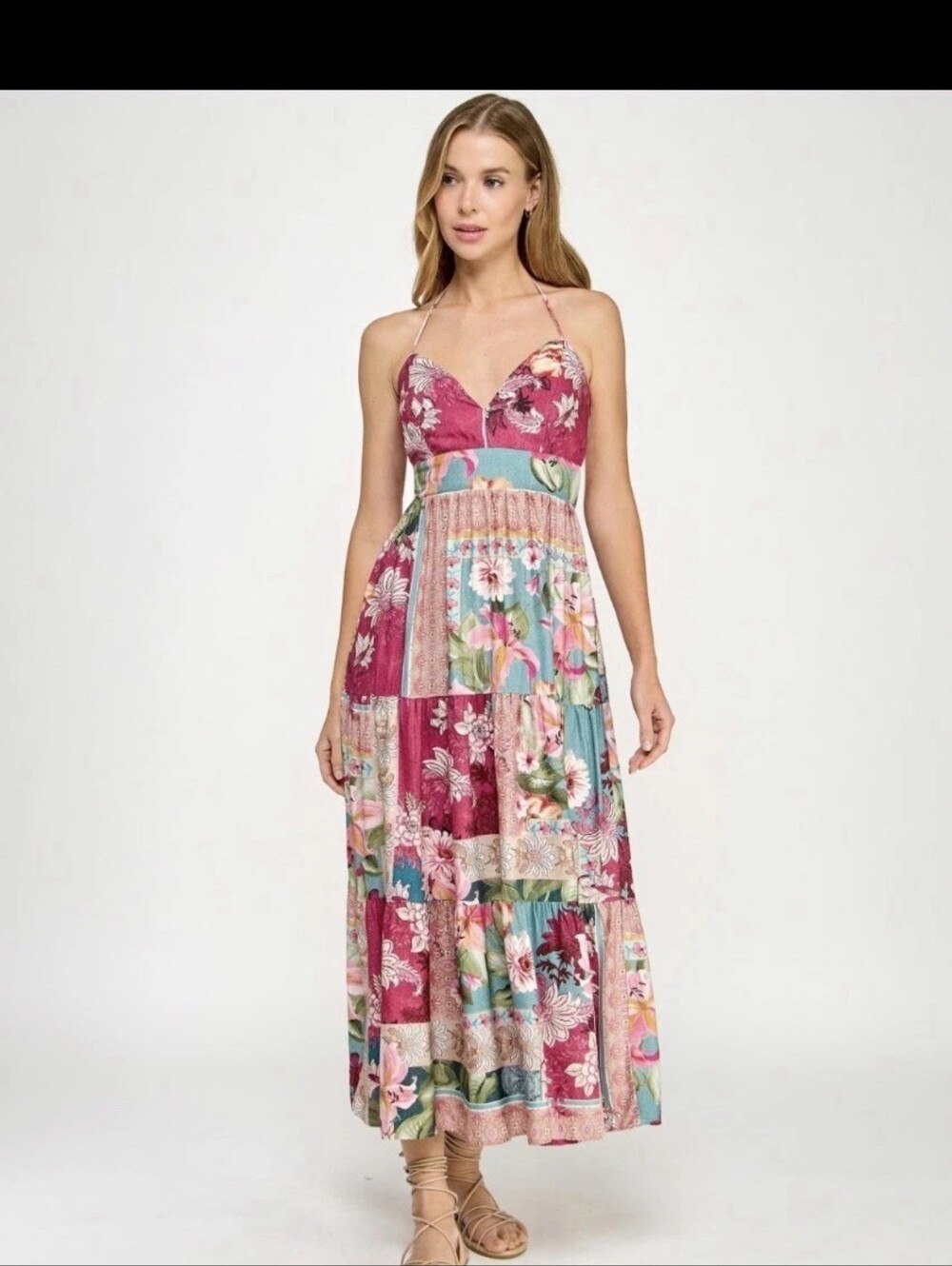 NWT Katia Rae Cream Multi Floral Patchwork Maxi Dress XL Boho Halter Sundress